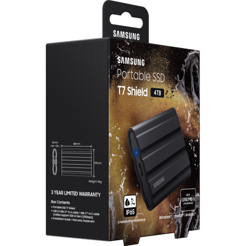 Внешние HDD и SSD Samsung External SSD T7 Shield, 4TB, Type C-to-C/A, USB 3.2 Gen2, R/W 1050/1000MB/s, IP65, 88x59x13mm, 98g, Black (12 мес.)