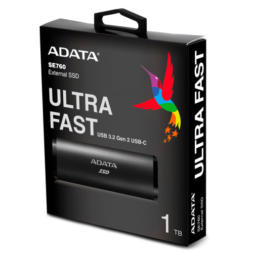 Твердотельный накопитель/ ADATA External SSD SE760, 1024GB, Type-C, USB 3.2 Gen2, R/W 1000/800 MB/s, 122x44x14mm, Black (3 года)