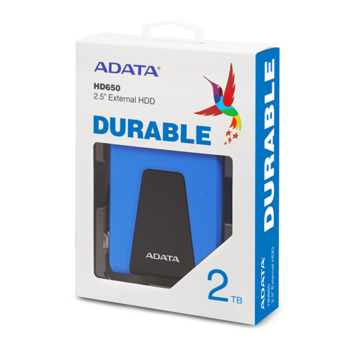 Внешний жесткий диск/ Portable HDD 2TB ADATA HD650 (Blue), Silicone, USB 3.2 Gen1, 121x81x21mm, 201g /3 года/