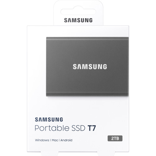 Внешние HDD и SSD/ Samsung External SSD T7, 2000GB, Type-C, USB 3.2 Gen2, R/W 1050/1000MB/s, 85x57x8mm, Titan Gray (12 мес.)