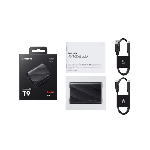 Внешние HDD и SSD/ Samsung External SSD T9, 1000GB, Type-C, USB 3.2 Gen2, R/W 2000/1950MB/s, 88x60x14mm, Black (12 мес.) Внешние HDD и SSD/ Samsung External SSD T9, 1000GB, Type-C, USB 3.2 Gen2, R/W 2000/1950MB/s, 88x60x14mm, Black (12 мес.)