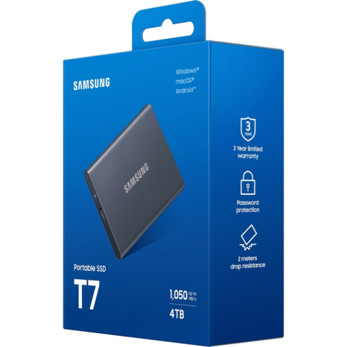 Внешние HDD и SSD/ Samsung External SSD T7, 4000GB, Type-C, USB 3.2 Gen2, R/W 1050/1000MB/s, 85x57x8mm, Titan Grey (12 мес.) Внешние HDD и SSD/ Samsung External SSD T7, 4000GB, Type-C, USB 3.2 Gen2, R/W 1050/1000MB/s, 85x57x8mm, Titan Grey (12 мес.)
