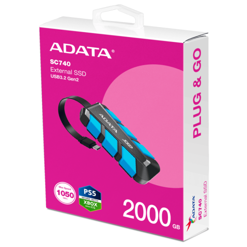 Твердотельный накопитель ADATA External SSD SC740, 2000GB, Type-C, USB 3.2 Gen2, R/W 1050/1000 MB/s, 121.8x40.5x22.3mm, Blue (5 лет)