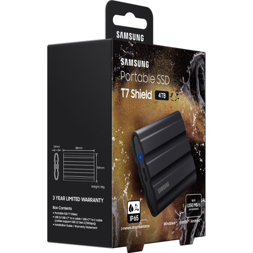 Внешние HDD и SSD/ Samsung External SSD T7 Shield, 4TB, Type C-to-C/A, USB 3.2 Gen2, R/W 1050/1000MB/s, IP65, 88x59x13mm, 98g, Black (12 мес.)