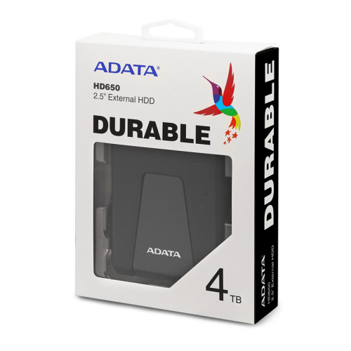 Внешний жесткий диск/ Portable HDD 4TB ADATA HD650 (Black), Silicone, USB 3.2 Gen1, 127x99x27mm, 390g /3 года/