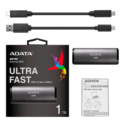 Твердотельный накопитель/ ADATA External SSD SE760, 1024GB, Type-C, USB 3.2 Gen2, R/W 1000/800 MB/s, 122x44x14mm, Titan-Gray (3 года)