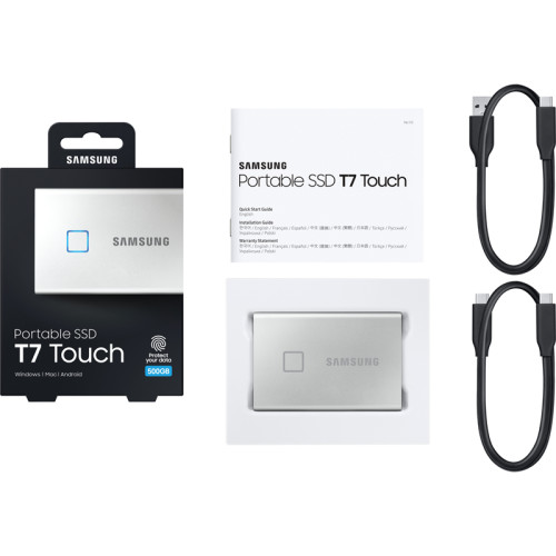 Внешние HDD и SSD/ Samsung External SSD T7 Touch, 500GB, Touch ID, Type-C, USB 3.2 Gen2, R/W 1050/1000MB/s, 85x57x8mm, Silver (12 мес.)