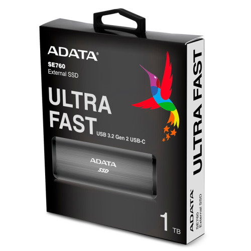 Твердотельный накопитель/ ADATA External SSD SE760, 1024GB, Type-C, USB 3.2 Gen2, R/W 1000/800 MB/s, 122x44x14mm, Titan-Gray (3 года)