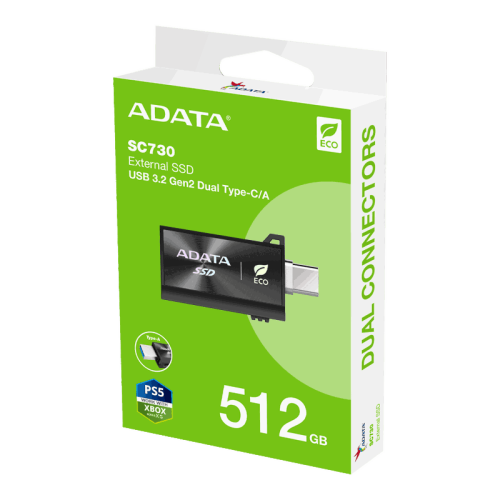 Твердотельный накопитель/ ADATA External SSD SC730, 512GB, Type-C, Type-A, USB 3.2 Gen2, R/W 600/600 MB/s, 36.8x23.8x9.7mm, Black (5 лет)