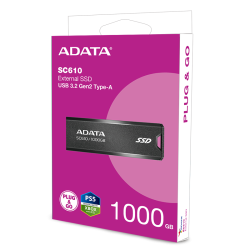 Твердотельный накопитель/ ADATA External SSD SC610, 1000GB, Type-C, USB 3.2 Gen2, R/W 550/500 MB/s, 67x24x10mm, Black (5 лет)