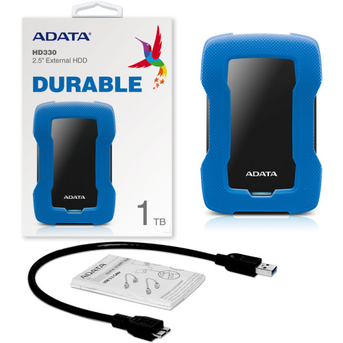 Внешний жесткий диск/ Portable HDD 1TB ADATA HD330 (Blue), Silicone, USB 3.2 Gen1, 133x89x16mm, 190g /3 года/