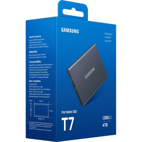 Внешние HDD и SSD/ Samsung External SSD T7, 4000GB, Type-C, USB 3.2 Gen2, R/W 1050/1000MB/s, 85x57x8mm, Titan Grey (12 мес.) Внешние HDD и SSD/ Samsung External SSD T7, 4000GB, Type-C, USB 3.2 Gen2, R/W 1050/1000MB/s, 85x57x8mm, Titan Grey (12 мес.)