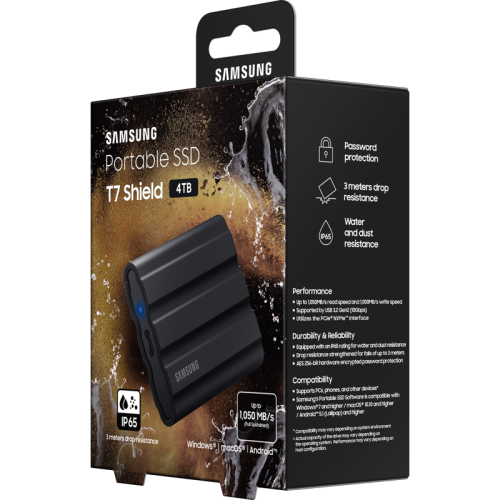 Внешние HDD и SSD Samsung External SSD T7 Shield, 4TB, Type C-to-C/A, USB 3.2 Gen2, R/W 1050/1000MB/s, IP65, 88x59x13mm, 98g, Black (12 мес.)