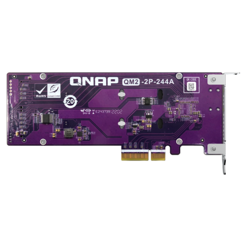 Плата расширения/ QNAP QM2-2P-244A 2 x M.2 22110 or 2280 PCIe (Gen2 x 4) NVMe SSD slots  expansion card, Low-profile bracket pre-loaded, Low-profile flat and Full-height are bundled (shorter version to support TVS-x82/TS-x77 PCIe slot 2 & slot 3)