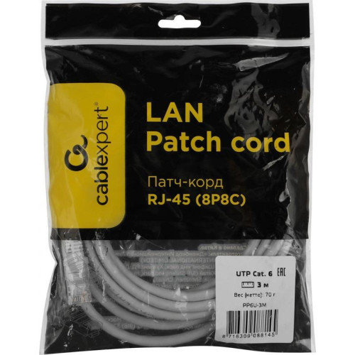 Патч-корд Premier PP6U-3M 10000Гбит/с UTP 4 пары cat.6 CCA molded 3м серый RJ-45 (m)-RJ-45 (m) Патч-корд Premier PP6U-3M 10000Гбит/с UTP 4 пары cat.6 CCA molded 3м серый RJ-45 (m)-RJ-45 (m)