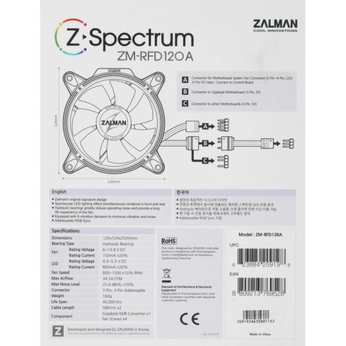 Вентилятор для корпуса Zalman ZM-RFD120A Addressable ARGB 120х120 черный 3-pin 26дБ (ZM-RFD120A) Ret [ZM-RFD120A]