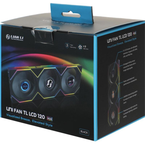 Вентилятор для корпуса Lian-Li Uni Fan TL 120 LCD ARGB 120х120x28 черный 7-pin 27дБ (упак.:3шт) (G99.12TLLCD3B.00) Ret [G99.12TLLCD3B.00]