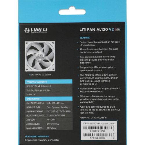 Вентилятор для корпуса Lian-Li Uni Fan ALV2 120 V2 ARGB 120х120x28 белый 4-pin 28.7дБ (G99.12ALV21W.00) Ret [G99.12ALV21W.00]