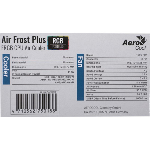 Кулер Aerocool Air Frost Plus RGB Soc-AM5/AM4/1200/1700/1851 черный 3-pin 24dB Al 110W 360gr Ret (AIR FROST PLUS FRGB 3P) [AIR FROST PLUS FRGB 3P]