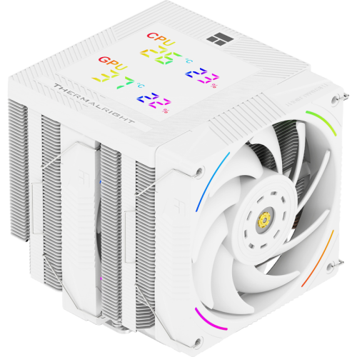 Кулер для процессора/ CPU Cooler Thermalright Phantom Spirit 120 Digital SNOW (4-pin PWM, LED temp., 160mm, Ni/CU, 7x6mm, ARGB, 2x120mm, 69CFM, 27dBA, 2150RPM, S: 1851, 1700, 1200, 115X, AM5, AM4, white)