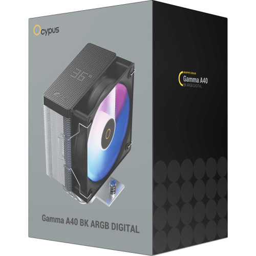 Кулер для процессора/ CPU Cooler Ocypus Gamma A40 BK ARGB Digital (200W, 4-pin PWM, LED temp., 133mm, Al/Cu, 4x6mm, ARGB, 1x100mm, 41CFM, 29.5dBA, 2400RPM, S: 1851/1700/1200/115X, AM5/AM4, black)