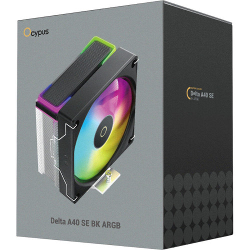 Кулер для процессора/ CPU Cooler Ocypus Delta A40 SE BK ARGB (190W, 4-pin PWM, 147mm, Al/Cu, 4x6mm, ARGB, 1x120mm, 60CFM, 31dBA, 1800RPM, S: 1851/1700/1200/115X, AM5/AM4, black)