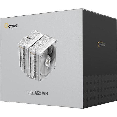 Кулер для процессора/ CPU Cooler Ocypus Iota A62 WH (260W, 4-pin PWM, LED temp., 158mm, Al/Cu, 6x6mm, 2x120mm, 77CFM, 29dBA, 2000RPM, S: 1851/1700/1200/115X, AM5/AM4, white)