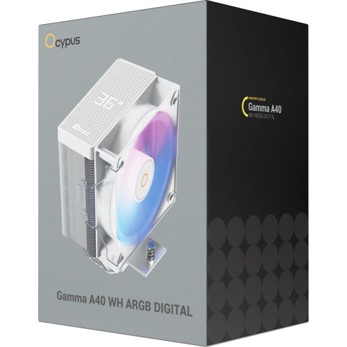 Кулер для процессора/ CPU Cooler Ocypus Gamma A40 WH ARGB Digital (200W, 4-pin PWM, LED temp., 133mm, Al/Cu, 4x6mm, ARGB, 1x100mm, 41CFM, 29.5dBA, 2400RPM, S: 1851/1700/1200/115X, AM5/AM4, white)