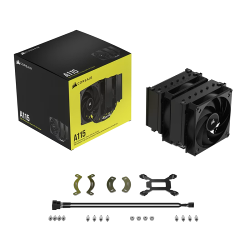 Кулер для процессора/ CPU Cooler Corsair A115 Twin Tower (270W, 4-pin PWM, 165mm, Al/Cu, 6x6mm, 2x140mm, 84.5CFM, 33.9dBA, 1600RPM, S: 1851/1700/1200/115X, AM5/AM4, black)