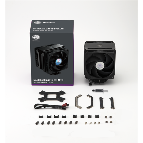 Кулер для процессора/ Cooler Master MasterAir MA612 Stealth (220W, 4-pin, 158mm, tower, Al/Cu/Ni, fans: 2x120mm/62CFM/27dBA/1800rpm, 1700/1200/115X/2066/2011-V3/2011/AM5/AM4/AM3/AM3+/AM2/AM2+/FM2/FM2+/FM1)