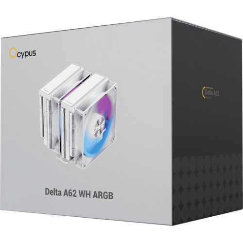 Кулер для процессора/ CPU Cooler Ocypus Delta A62 WH ARGB (260W, 4-pin PWM, 156mm, Al/Cu, 6x6mm, ARGB, 2x120mm, 73CFM, 29dBA, 2000RPM, S: 1851/1700/1200/115X, AM5/AM4, white)