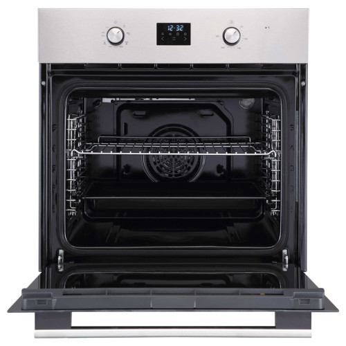 Духовой шкаф встраиваемый полноразмерный, 60 см, 8 режимов,  объем духовки 70л, утапливаемые переключатели, дисплей Snow White, хромированные боковые решетки, панель управления - нержавеющая сталь, универсальный противень, решетка-гриль, двойное стекло дв