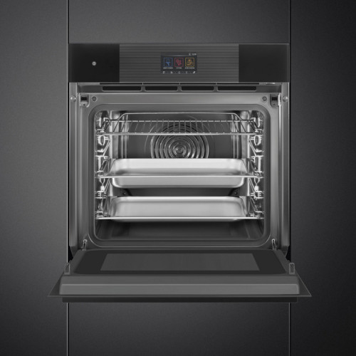 Духовой шкаф Smeg/ Духовой шкаф Smeg, 26 функций, 150 автоматических программ, СВЧ, пар, очистка VaporClean, дисплей, сенсорное управление, термощуп, таймер, 4 стекла в дверце, полезный объем 68 л, цвет черный