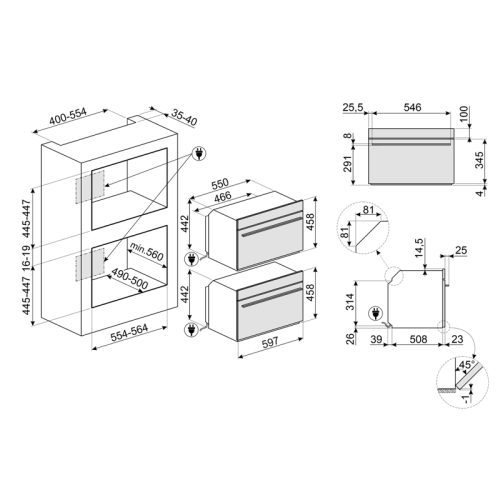 Встраиваемая электрическая духовка SMEG/ Компактный высотой 45 см, Коллекция: Linea, Цвет: Стекло Neptune grey, Программатор: Сенсорный, Дисплей: Цифровой, Количество функций приготовления: 11, Очистка: Паровая