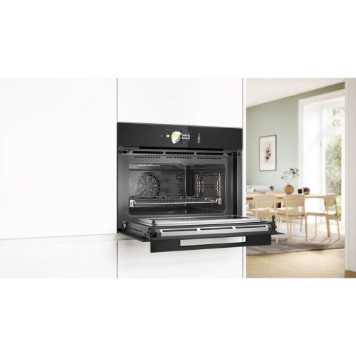 Accent line. Компактная духовка с микроволновой печью и 22 типами нагрева, 45.5x59.5x54.8 см, 45л, дисплей,инвертор,SoftClose и SoftOpen, Bosch Assist, черный. Телескопические направляющие 1 уровень,пиролитическая очистка,многоточечный термощуп PerfectRoa