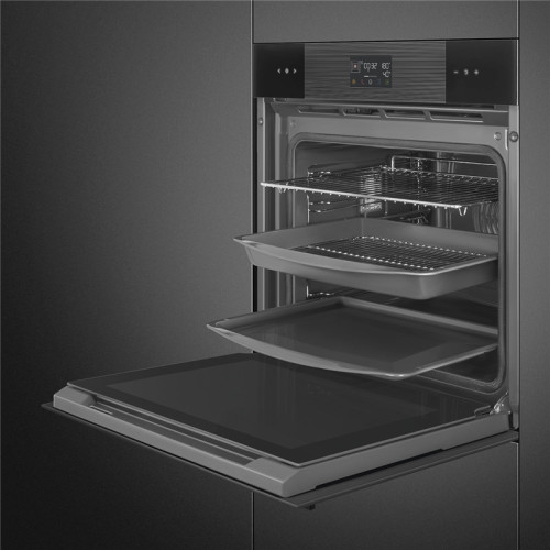 Встраиваемый духовой шкаф SMEG/ 60 см, с паром, Linea, пиролитическая очистка, 12 программ, 68 л, черный цвет