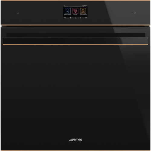Встраиваемый духовой шкаф SMEG/ Многофункциональный духовой шкаф с паром и пиролитической очисткой, 60 см, 19 функций, чёрное стекло Eclipse, медный профиль, Dolce Stil Novo