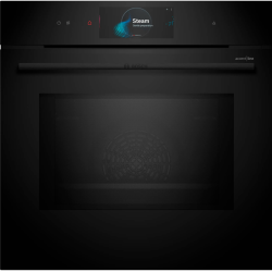 Accent line. Serie 8, духовой шкаф с микроволнами и паром, черный, 28 режимов + комбинированные режимы , микроволны до 800 Вт, 4-слойное остекление, 3 цветных текстовых TFT-дисплея 2,5