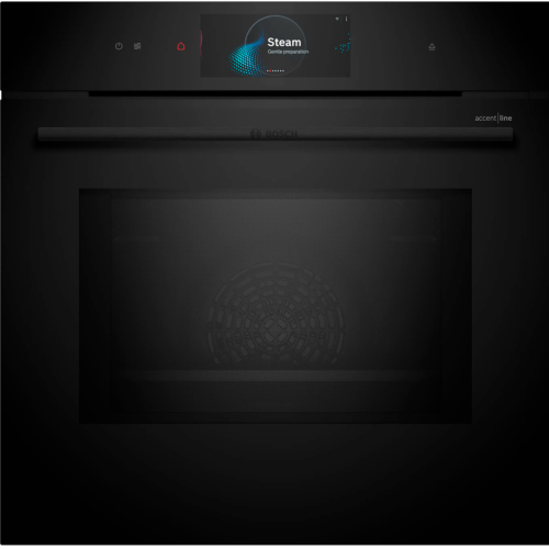 Accent line. Serie 8, духовой шкаф с микроволнами и паром, черный, 28 режимов + комбинированные режимы , микроволны до 800 Вт, 4-слойное остекление, 3 цветных текстовых TFT-дисплея 2,5