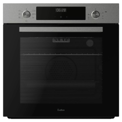 Электрический духовой шкаф EVELUX, Hi-Tech, 60 см, объем 72 л, поворотные переключатели, LED дисплей, таймер, защитное отключение, защита от детей, конвекция, 8 режимов, телескопические направляющие, 3 стекла в дверце, мкс температура 280 градусов, энерго