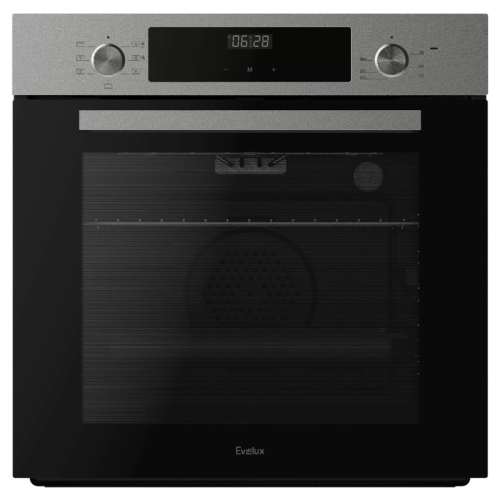 Электрический духовой шкаф EVELUX, Hi-Tech, 60 см, объем 72 л, поворотные переключатели, LED дисплей, таймер, защитное отключение, защита от детей, конвекция, 8 режимов, телескопические направляющие, 3 стекла в дверце, мкс температура 280 градусов, энерго