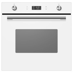 Духовой шкаф встраиваемый полноразмерный, 60 см, 9 режимов,  объем духовки 70л, утапливаемые переключатели, большой дисплей Snow White, хромированные боковые решетки, телескопические направляющие 1 уровнь,  панель управления - белое стекло, универсальный 