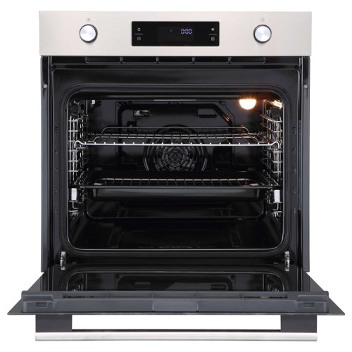Духовой шкаф встраиваемый полноразмерный, 60 см, 9 режимов,  объем духовки 70л, утапливаемые переключатели, большой дисплей Snow White, хромированные боковые решетки, телескопические направляющие 1 уровень,  панель управления -  нержавеющая сталь, универс