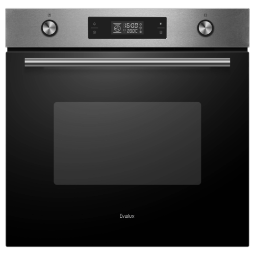 Духовой шкаф встраиваемый полноразмерный, 60 см, 9 режимов,  объем духовки 70л, утапливаемые переключатели, большой дисплей Snow White, хромированные боковые решетки, телескопические направляющие 1 уровень,  панель управления -  нержавеющая сталь, универс