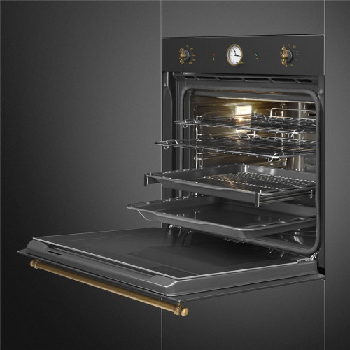 Встраиваемая электрическая духовка SMEG/ Coloniale, встраиваемый многофункциональный электрический духовой шкаф с пиролизом, антрацит/ фурнитура латунная