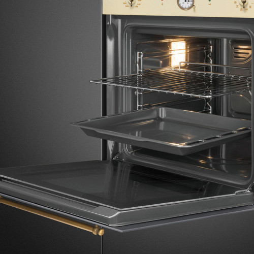 Встраиваемый духовой шкаф SMEG/ Встраиваемый духовой шкаф SMEG, 60 см, Coloniale, 50-260 градусов, часы/таймер, галогенная подсветка, 9 режимов, поворотные переключатели Coloniale, пиролиз, автоматическое отключение, петли Soft Close, полезный объем 65 л,