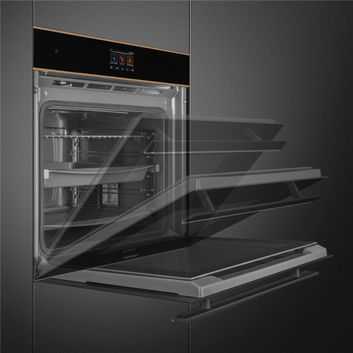 Встраиваемый духовой шкаф SMEG/ Многофункциональный духовой шкаф с пиролизом, 60 см, 10 функций, чёрное стекло Eclipse, медный профиль