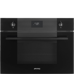 Компактный многофунциональный духовой шкаф Smeg/ Компактный многофунциональный духовой шкаф Smeg, LCD дисплей, 9 функций приготовления, поворотые переключатели, полезный объем 40 л, черное стекло Deep Black