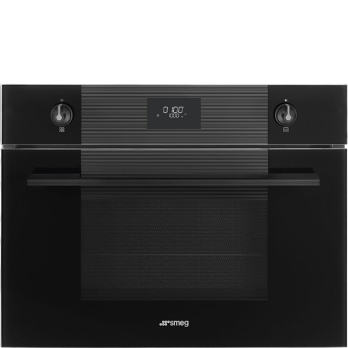 Компактный многофунциональный духовой шкаф Smeg/ Компактный многофунциональный духовой шкаф Smeg, LCD дисплей, 9 функций приготовления, поворотые переключатели, полезный объем 40 л, черное стекло Deep Black