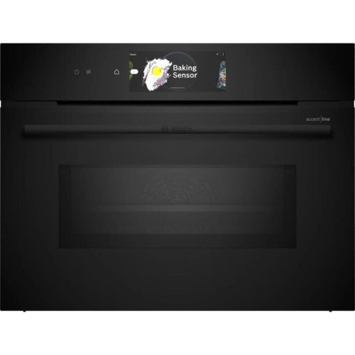 Accent line. Компактная духовка с микроволновой печью и 22 типами нагрева, 45.5x59.5x54.8 см, 45л, дисплей,инвертор,SoftClose и SoftOpen, Bosch Assist, черный. Телескопические направляющие 1 уровень,пиролитическая очистка,многоточечный термощуп PerfectRoa